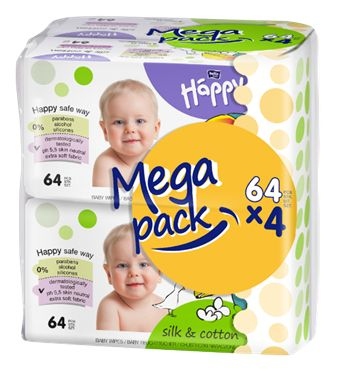 Bella Baby Happy Čistící ubrousky hedvábí a bavlna mega pack 4x64 ks