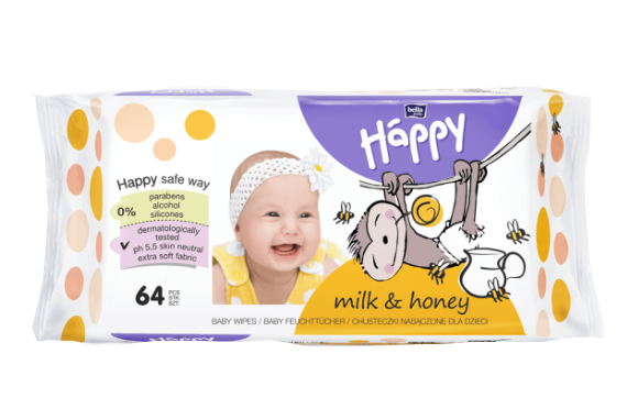 Bella Happy Mléko & Med vlhčené ubrousky 64 ks